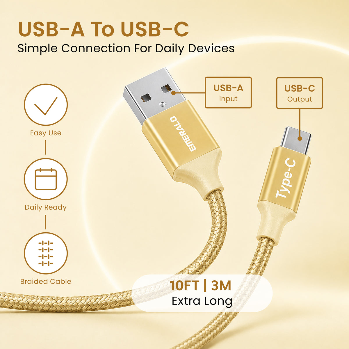 Emerald 10ft Braided USB-A to USB-C (Type-C), Fast Charging & Data Syncing Cable