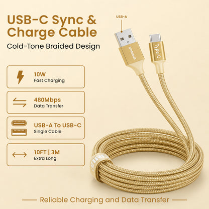 Emerald 10ft Braided USB-A to USB-C (Type-C), Fast Charging & Data Syncing Cable