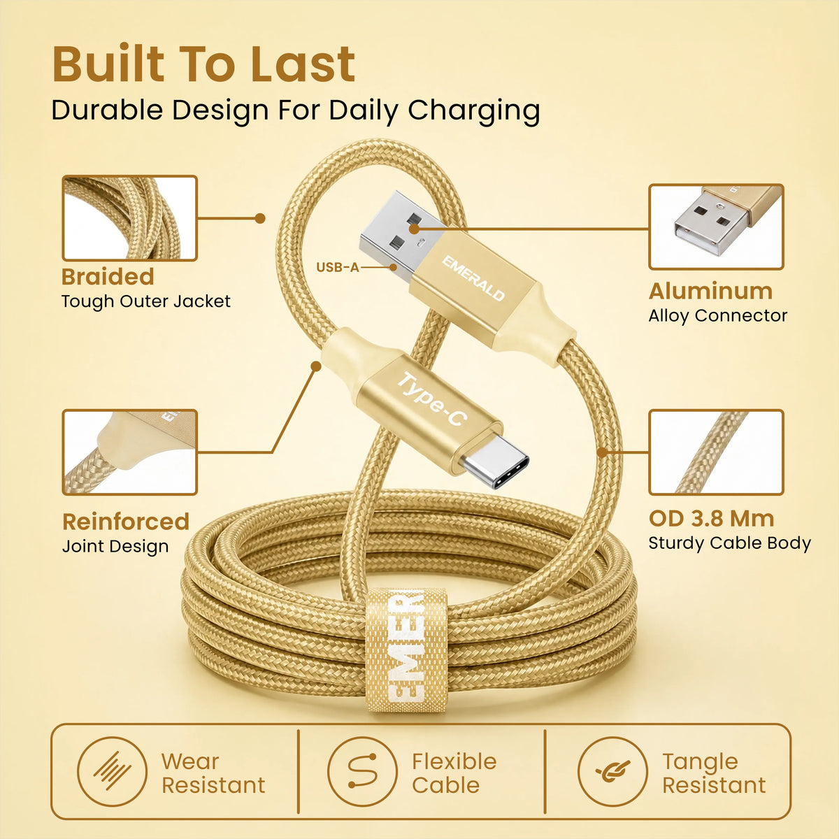Emerald 10ft Braided USB-A to USB-C (Type-C), Fast Charging & Data Syncing Cable