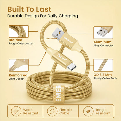 Emerald 10ft Braided USB-A to USB-C (Type-C), Fast Charging & Data Syncing Cable