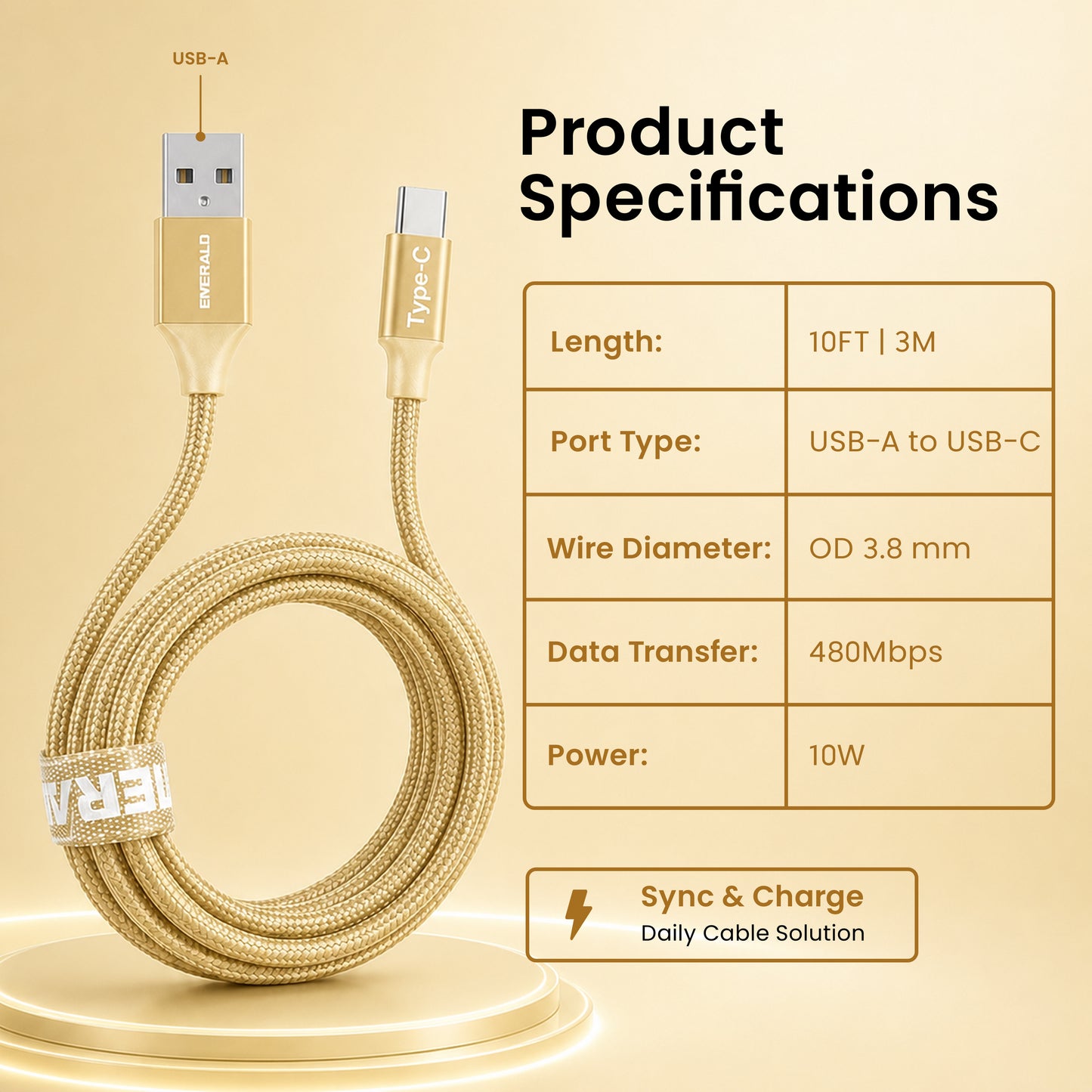 Emerald 10ft Braided USB-A to USB-C (Type-C), Fast Charging & Data Syncing Cable