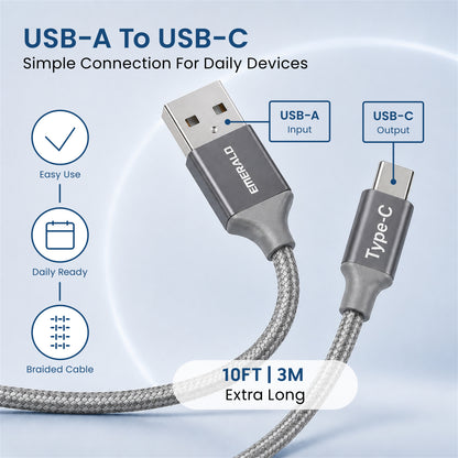 Emerald 10ft Braided USB-A to USB-C (Type-C), Fast Charging & Data Syncing Cable