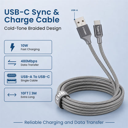 Emerald 10ft Braided USB-A to USB-C (Type-C), Fast Charging & Data Syncing Cable