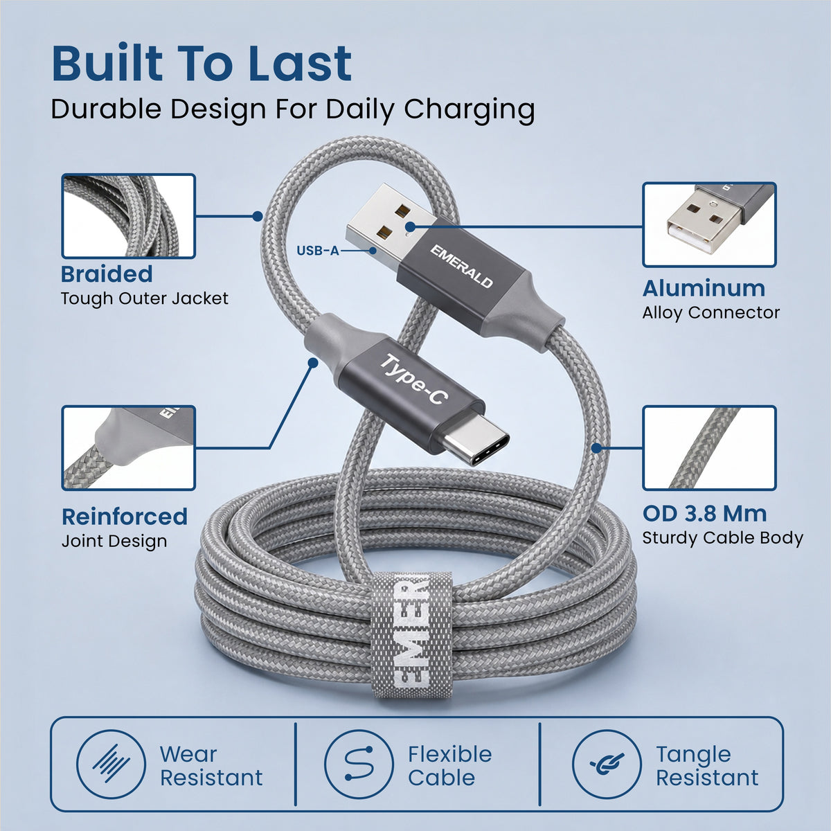 Emerald 10ft Braided USB-A to USB-C (Type-C), Fast Charging & Data Syncing Cable