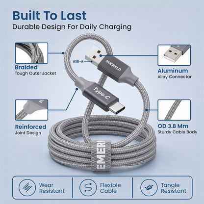 Emerald 10ft Braided USB-A to USB-C (Type-C), Fast Charging & Data Syncing Cable