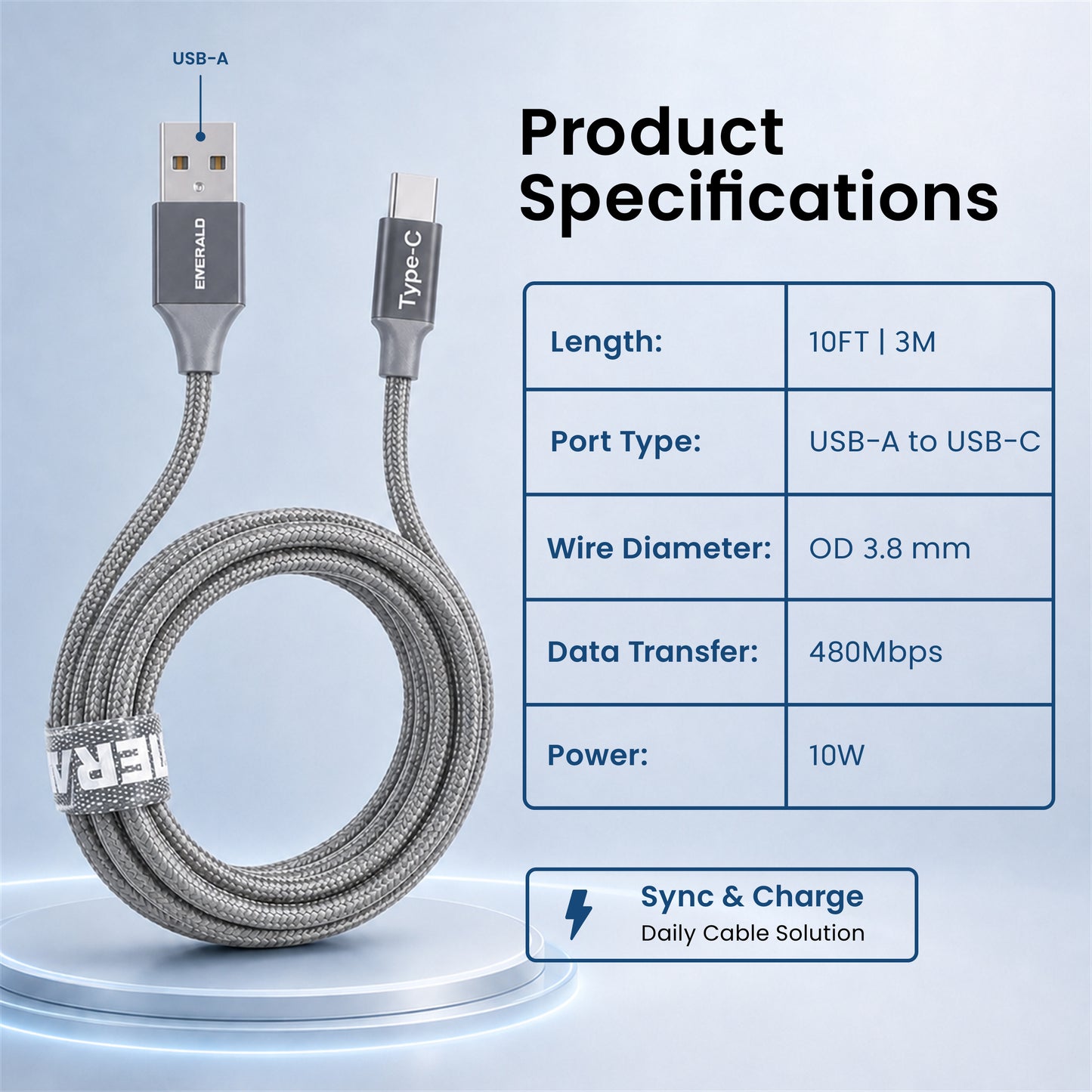 Emerald 10ft Braided USB-A to USB-C (Type-C), Fast Charging & Data Syncing Cable