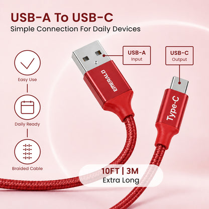 Emerald 10ft Braided USB-A to USB-C (Type-C), Fast Charging & Data Syncing Cable