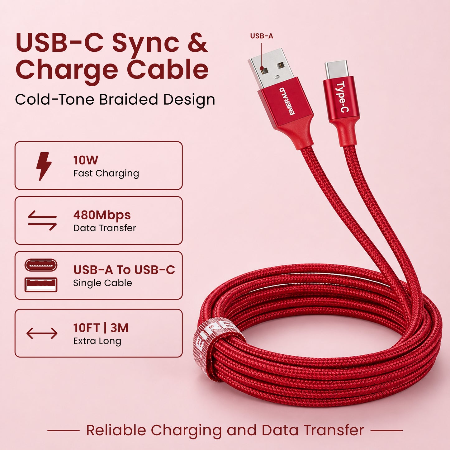Emerald 10ft Braided USB-A to USB-C (Type-C), Fast Charging & Data Syncing Cable