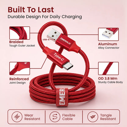 Emerald 10ft Braided USB-A to USB-C (Type-C), Fast Charging & Data Syncing Cable