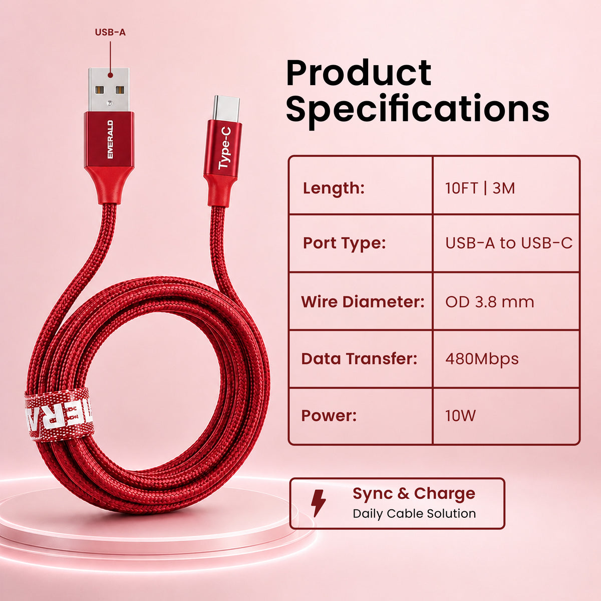 Emerald 10ft Braided USB-A to USB-C (Type-C), Fast Charging & Data Syncing Cable