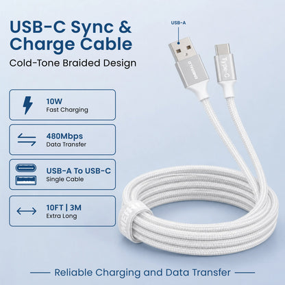 Emerald 10ft Braided USB-A to USB-C (Type-C), Fast Charging & Data Syncing Cable