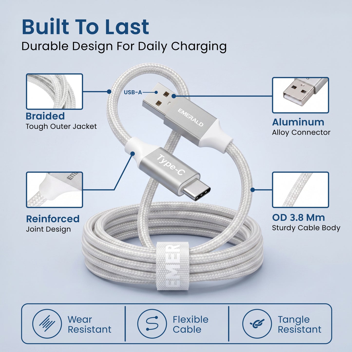 Emerald 10ft Braided USB-A to USB-C (Type-C), Fast Charging & Data Syncing Cable