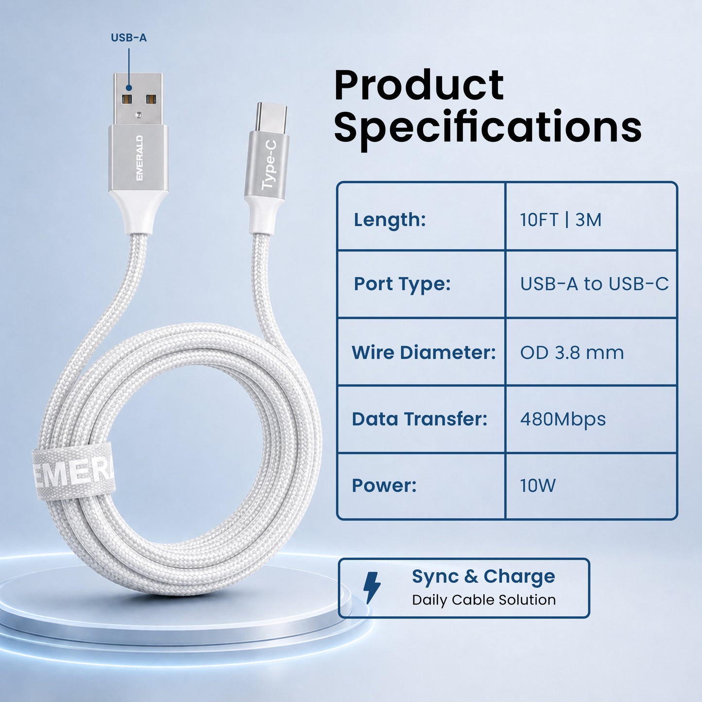 Emerald 10ft Braided USB-A to USB-C (Type-C), Fast Charging & Data Syncing Cable