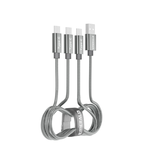 Emerald 6ft 3-in-1 Braided USB-A to Triple USB-C (Type-C), Charging & Data Syncing Cable - Grey