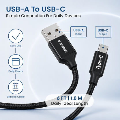 Emerald 6ft Braided USB-A to USB-C (Type-C), Fast Charging & Data Syncing Cable