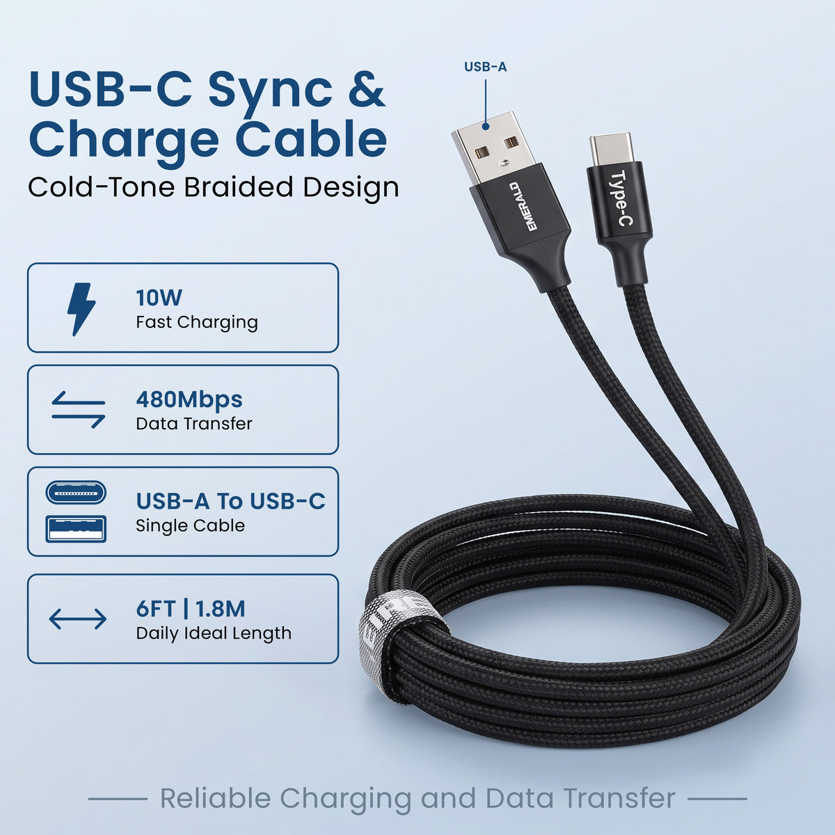 Emerald 6ft Braided USB-A to USB-C (Type-C), Fast Charging & Data Syncing Cable