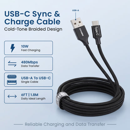 Emerald 6ft Braided USB-A to USB-C (Type-C), Fast Charging & Data Syncing Cable