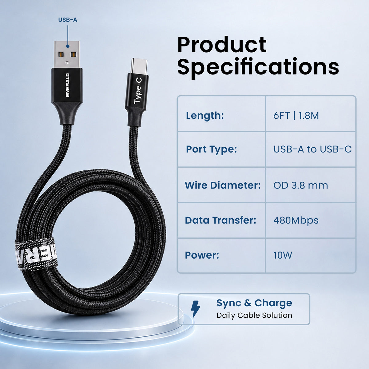 Emerald 6ft Braided USB-A to USB-C (Type-C), Fast Charging & Data Syncing Cable