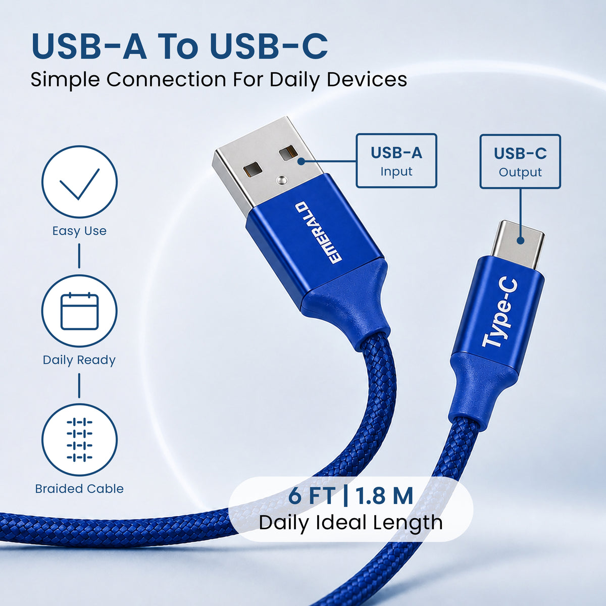 Emerald 6ft Braided USB-A to USB-C (Type-C), Fast Charging & Data Syncing Cable