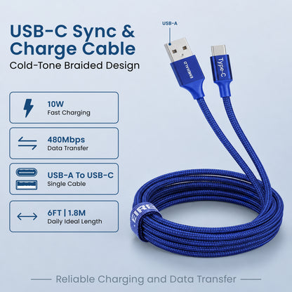 Emerald 6ft Braided USB-A to USB-C (Type-C), Fast Charging & Data Syncing Cable