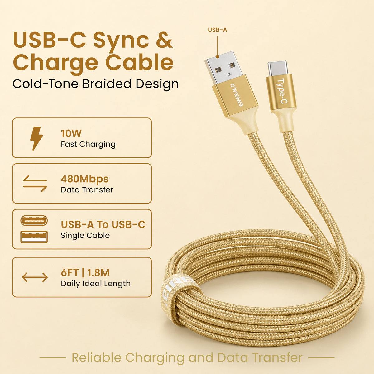 Emerald 6ft Braided USB-A to USB-C (Type-C), Fast Charging & Data Syncing Cable