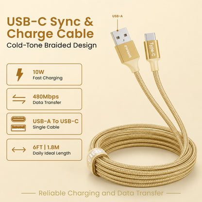 Emerald 6ft Braided USB-A to USB-C (Type-C), Fast Charging & Data Syncing Cable