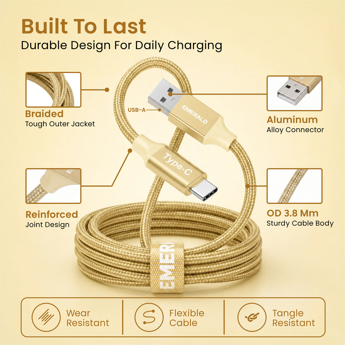 Emerald 6ft Braided USB-A to USB-C (Type-C), Fast Charging & Data Syncing Cable