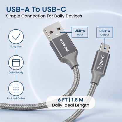 Emerald 6ft Braided USB-A to USB-C (Type-C), Fast Charging & Data Syncing Cable