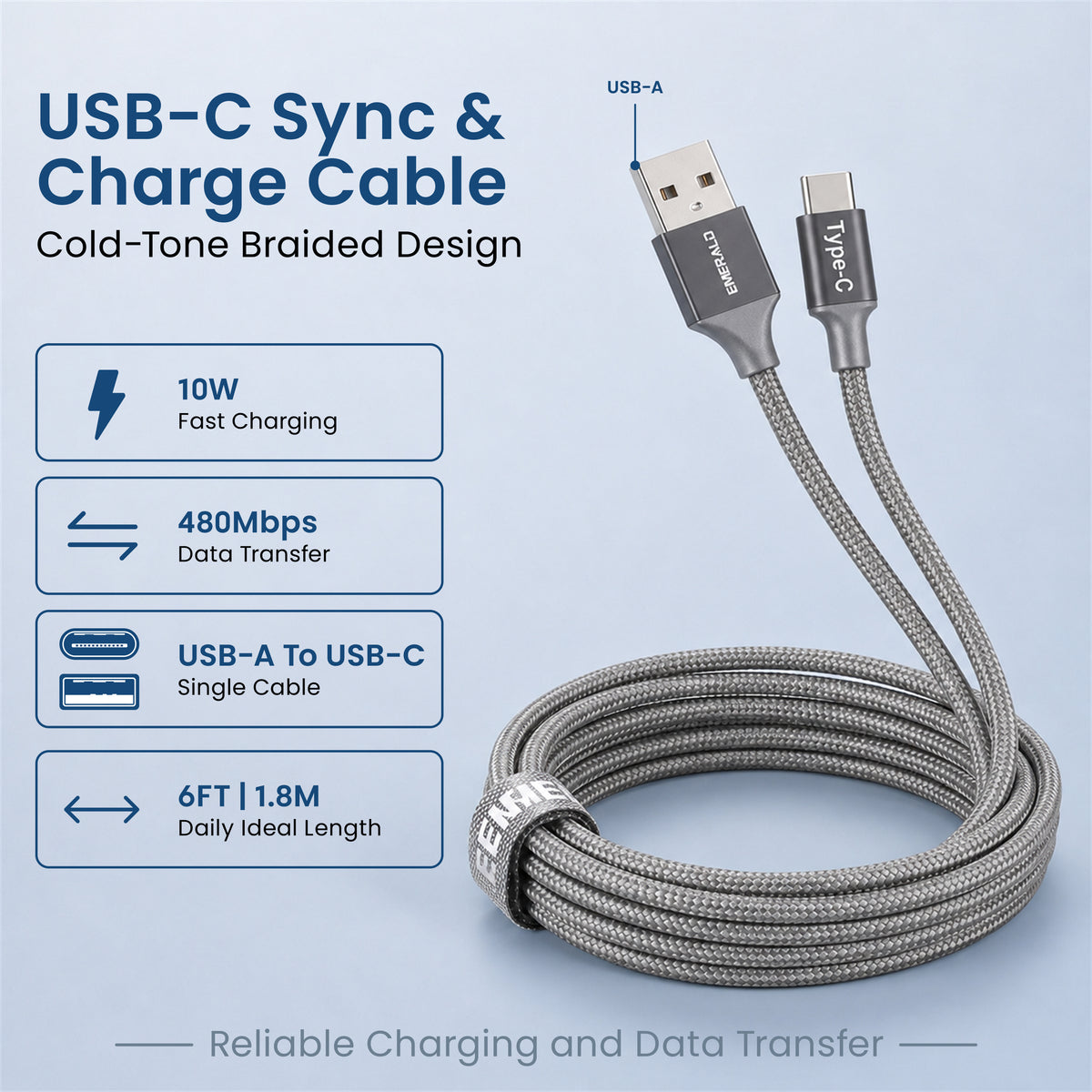 Emerald 6ft Braided USB-A to USB-C (Type-C), Fast Charging & Data Syncing Cable