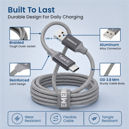 Emerald 6ft Braided USB-A to USB-C (Type-C), Fast Charging & Data Syncing Cable