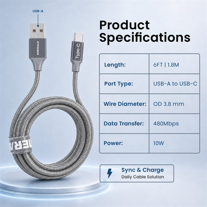 Emerald 6ft Braided USB-A to USB-C (Type-C), Fast Charging & Data Syncing Cable