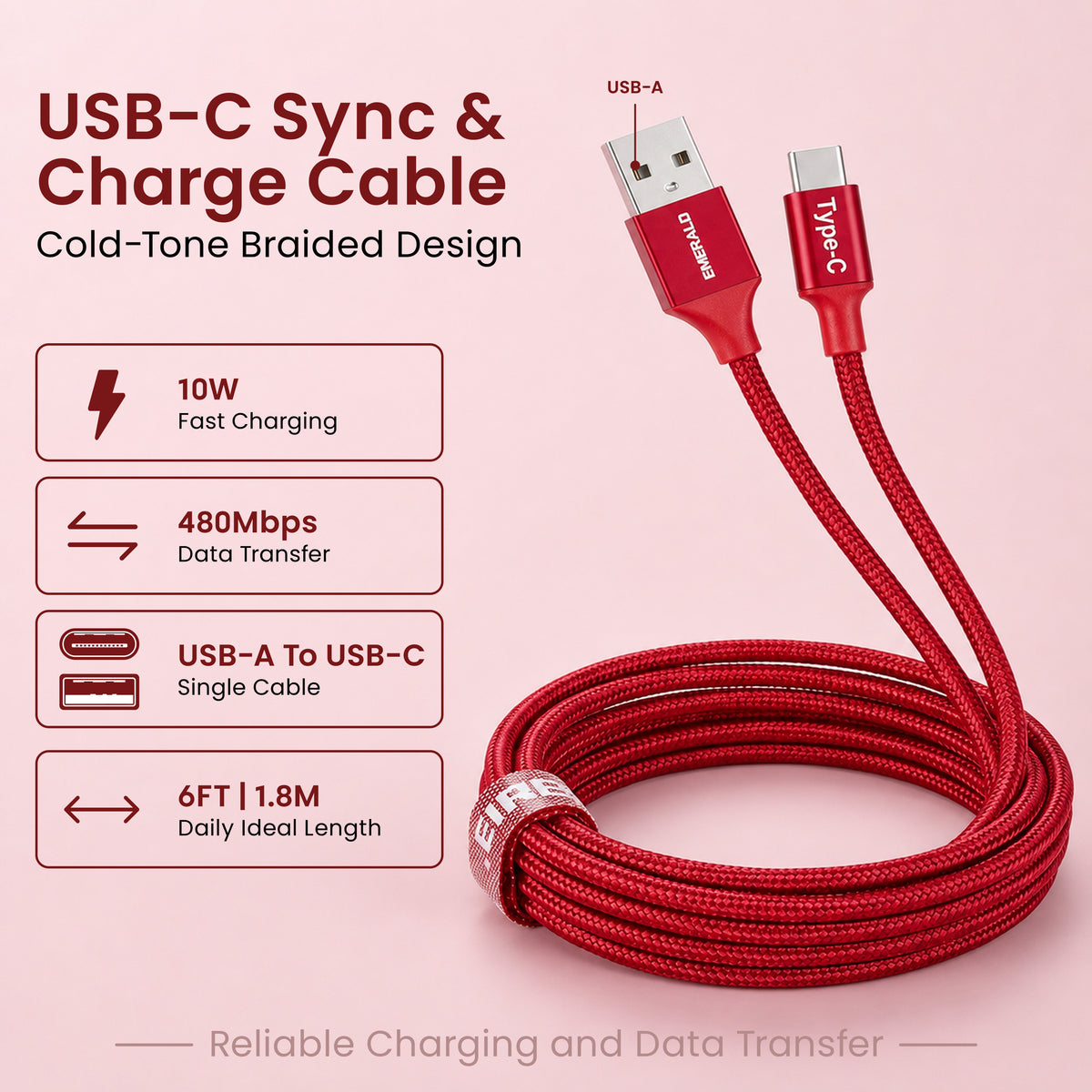 Emerald 6ft Braided USB-A to USB-C (Type-C), Fast Charging & Data Syncing Cable