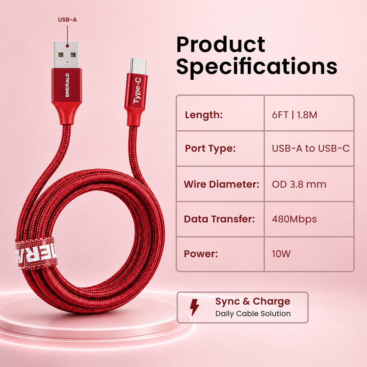 Emerald 6ft Braided USB-A to USB-C (Type-C), Fast Charging & Data Syncing Cable