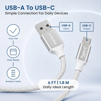 Emerald 6ft Braided USB-A to USB-C (Type-C), Fast Charging & Data Syncing Cable