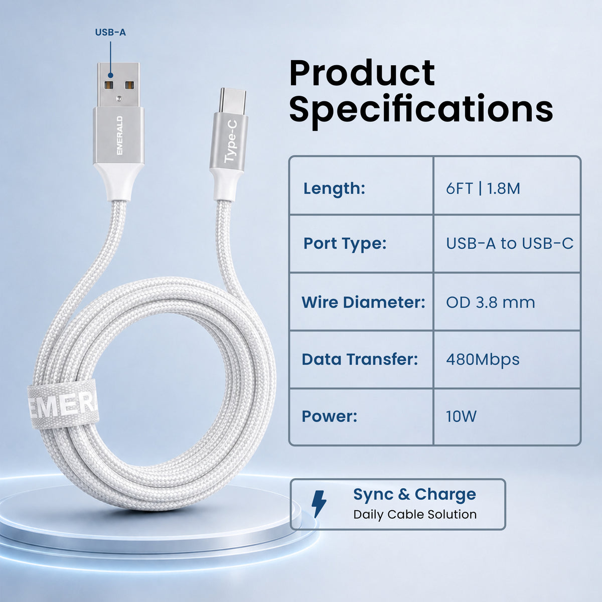 Emerald 6ft Braided USB-A to USB-C (Type-C), Fast Charging & Data Syncing Cable