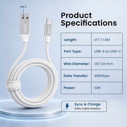 Emerald 6ft Braided USB-A to USB-C (Type-C), Fast Charging & Data Syncing Cable
