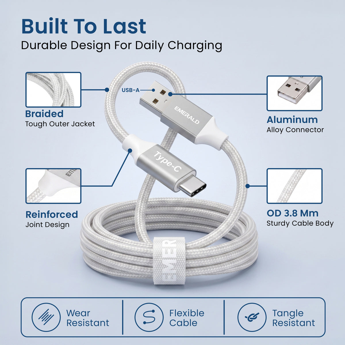 Emerald 6ft Braided USB-A to USB-C (Type-C), Fast Charging & Data Syncing Cable
