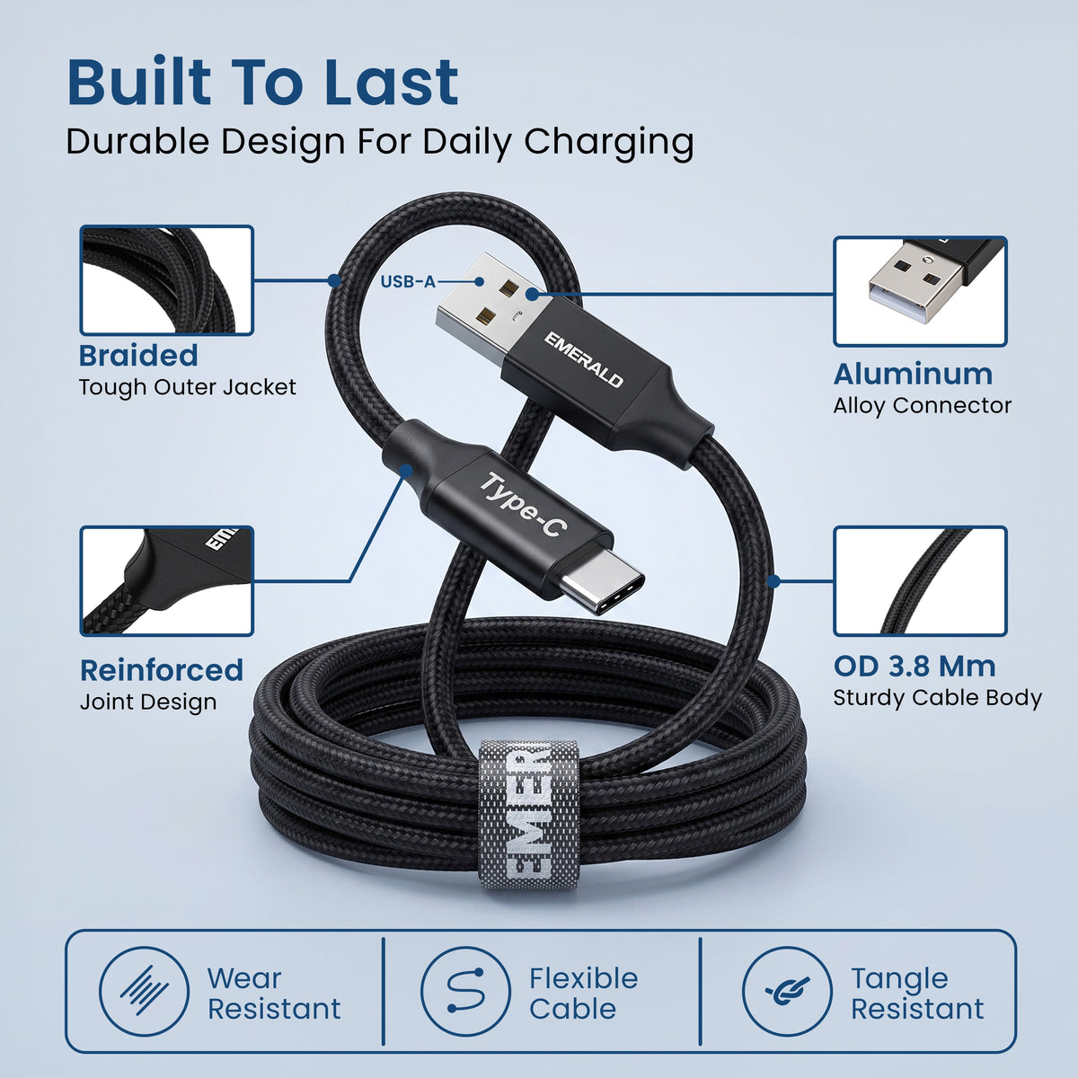 Emerald 6ft Braided USB-A to USB-C (Type-C), Fast Charging & Data Syncing Cable