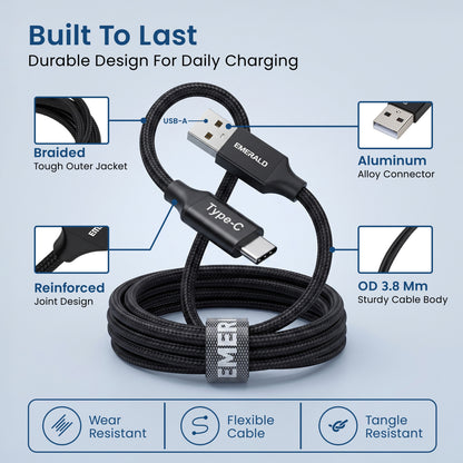 Emerald 6ft Braided USB-A to USB-C (Type-C), Fast Charging & Data Syncing Cable