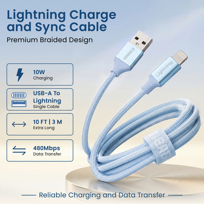 Emerald 10ft Braided USB-A to Lightning, Fast Charging & Data Syncing Cable Compatible with iPhone