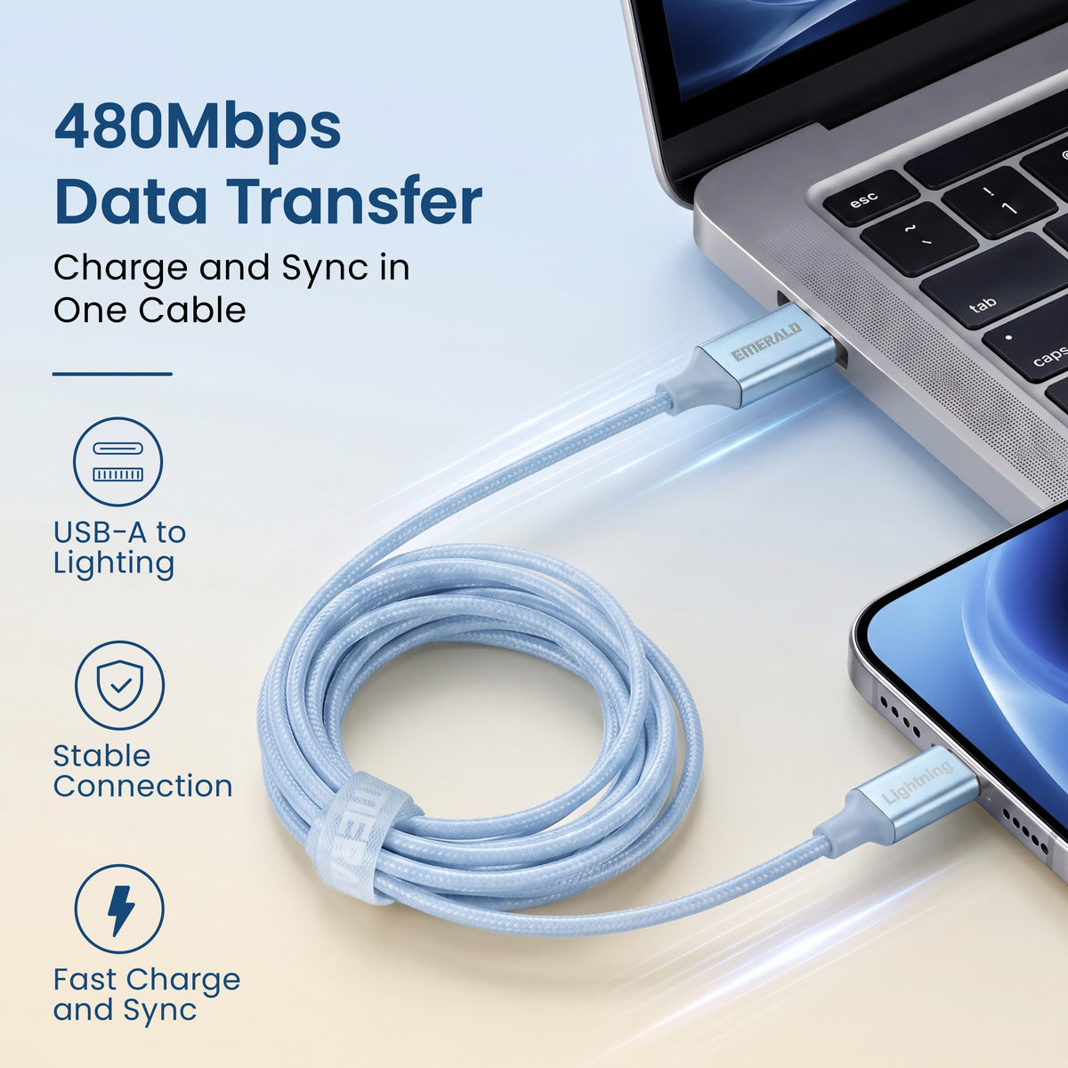 Emerald 10ft Braided USB-A to Lightning, Fast Charging & Data Syncing Cable Compatible with iPhone