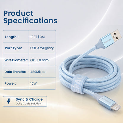 Emerald 10ft Braided USB-A to Lightning, Fast Charging & Data Syncing Cable Compatible with iPhone