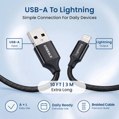 Emerald 10ft Braided USB-A to Lightning, Fast Charging & Data Syncing Cable Compatible with iPhone