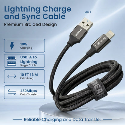 Emerald 10ft Braided USB-A to Lightning, Fast Charging & Data Syncing Cable Compatible with iPhone