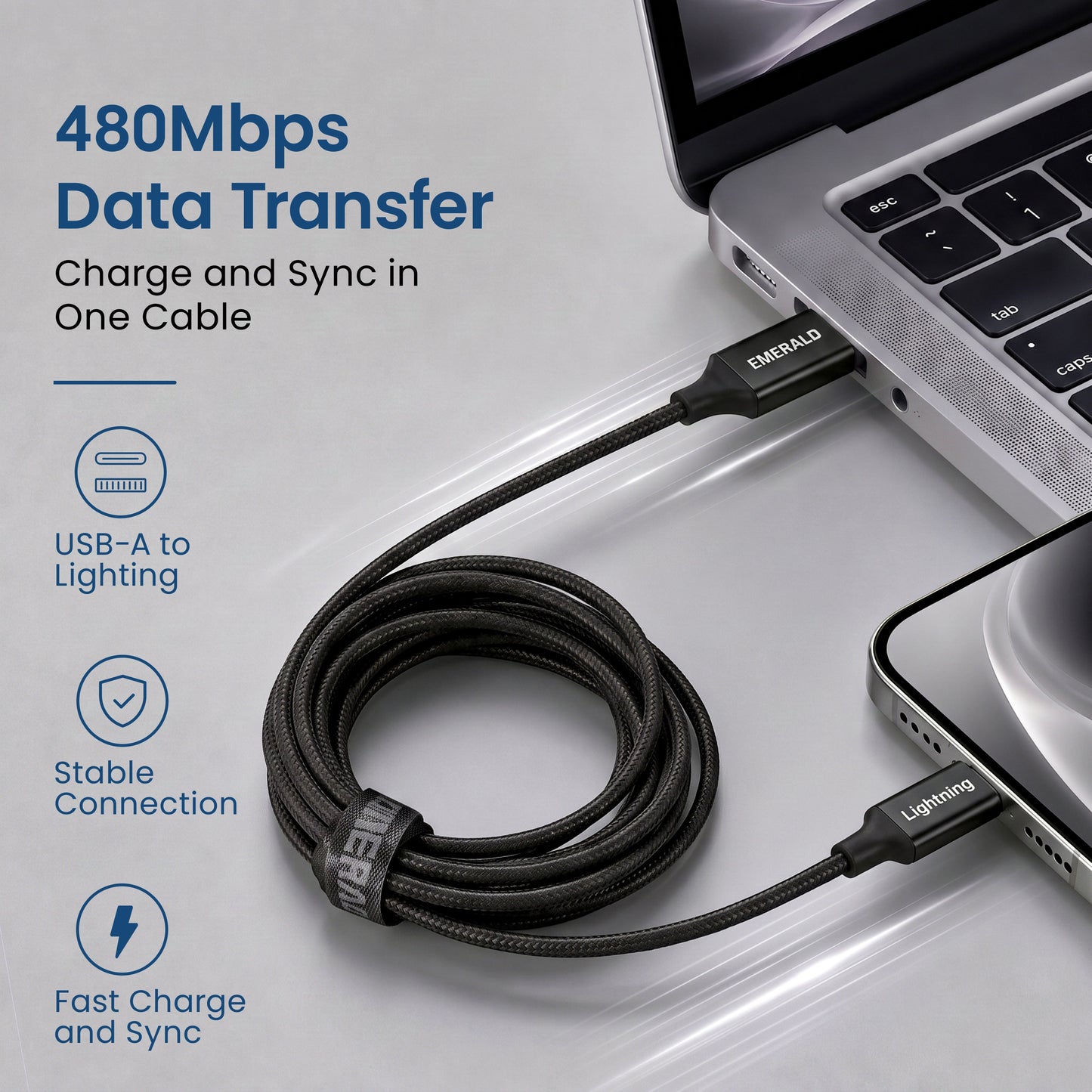 Emerald 10ft Braided USB-A to Lightning, Fast Charging & Data Syncing Cable Compatible with iPhone