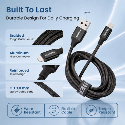 Emerald 10ft Braided USB-A to Lightning, Fast Charging & Data Syncing Cable Compatible with iPhone
