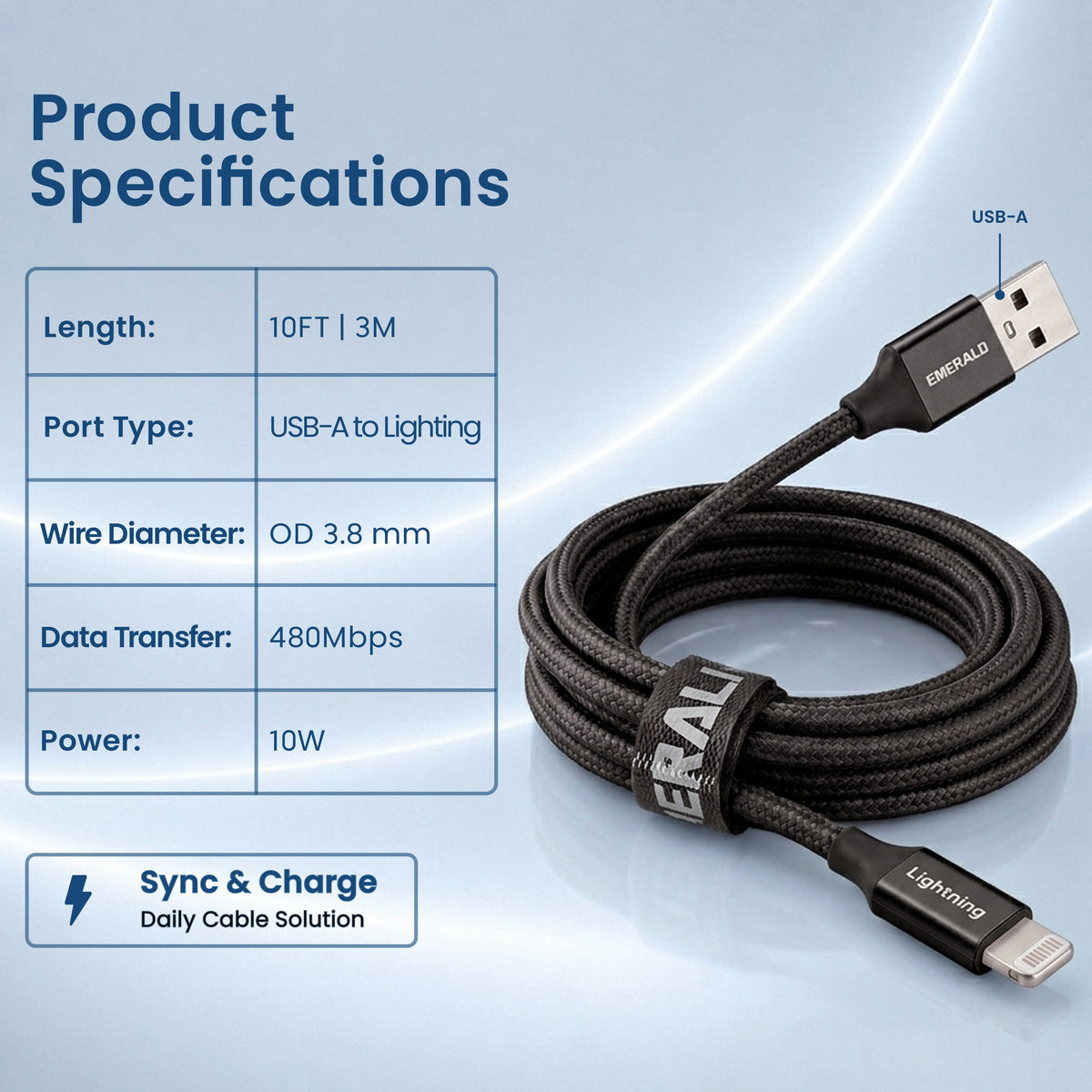Emerald 10ft Braided USB-A to Lightning, Fast Charging & Data Syncing Cable Compatible with iPhone