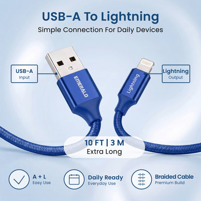Emerald 10ft Braided USB-A to Lightning, Fast Charging & Data Syncing Cable Compatible with iPhone