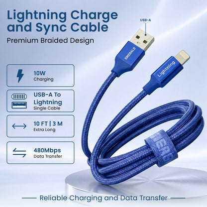 Emerald 10ft Braided USB-A to Lightning, Fast Charging & Data Syncing Cable Compatible with iPhone