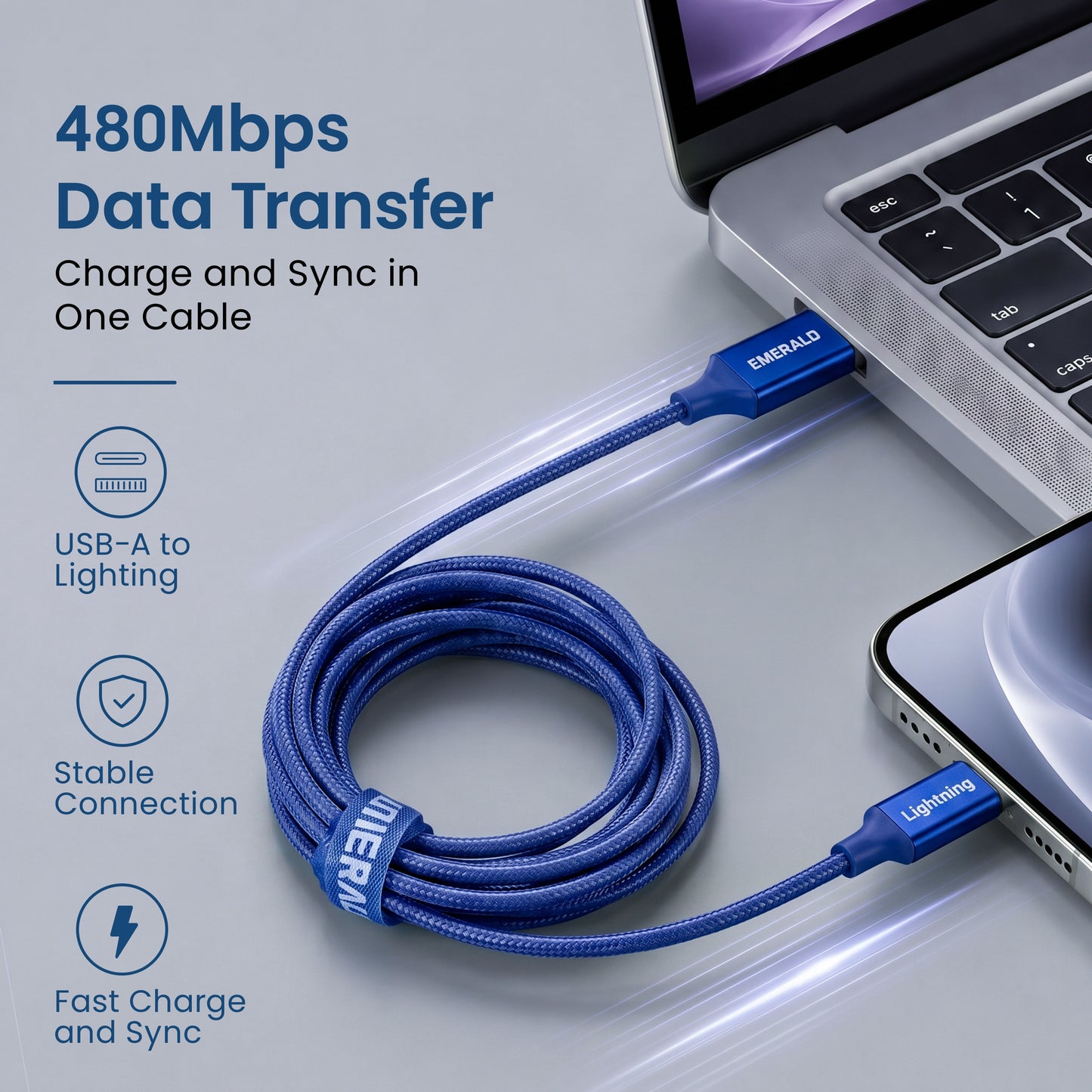 Emerald 10ft Braided USB-A to Lightning, Fast Charging & Data Syncing Cable Compatible with iPhone